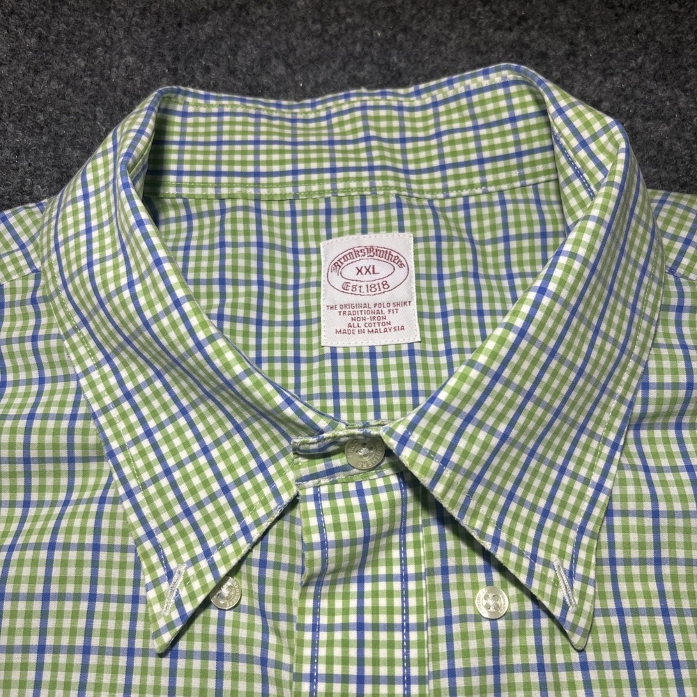 Brooks Brothers XXL Polo Shirt Non-Iron Cotton Green Blue Checkered